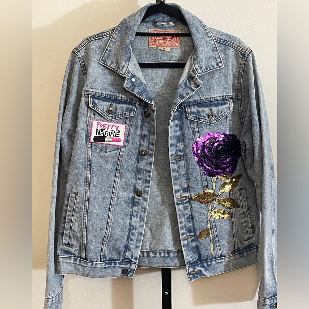 Womens Denim Jacket Large Custom Distressed Patch Graphic Jean Jacket